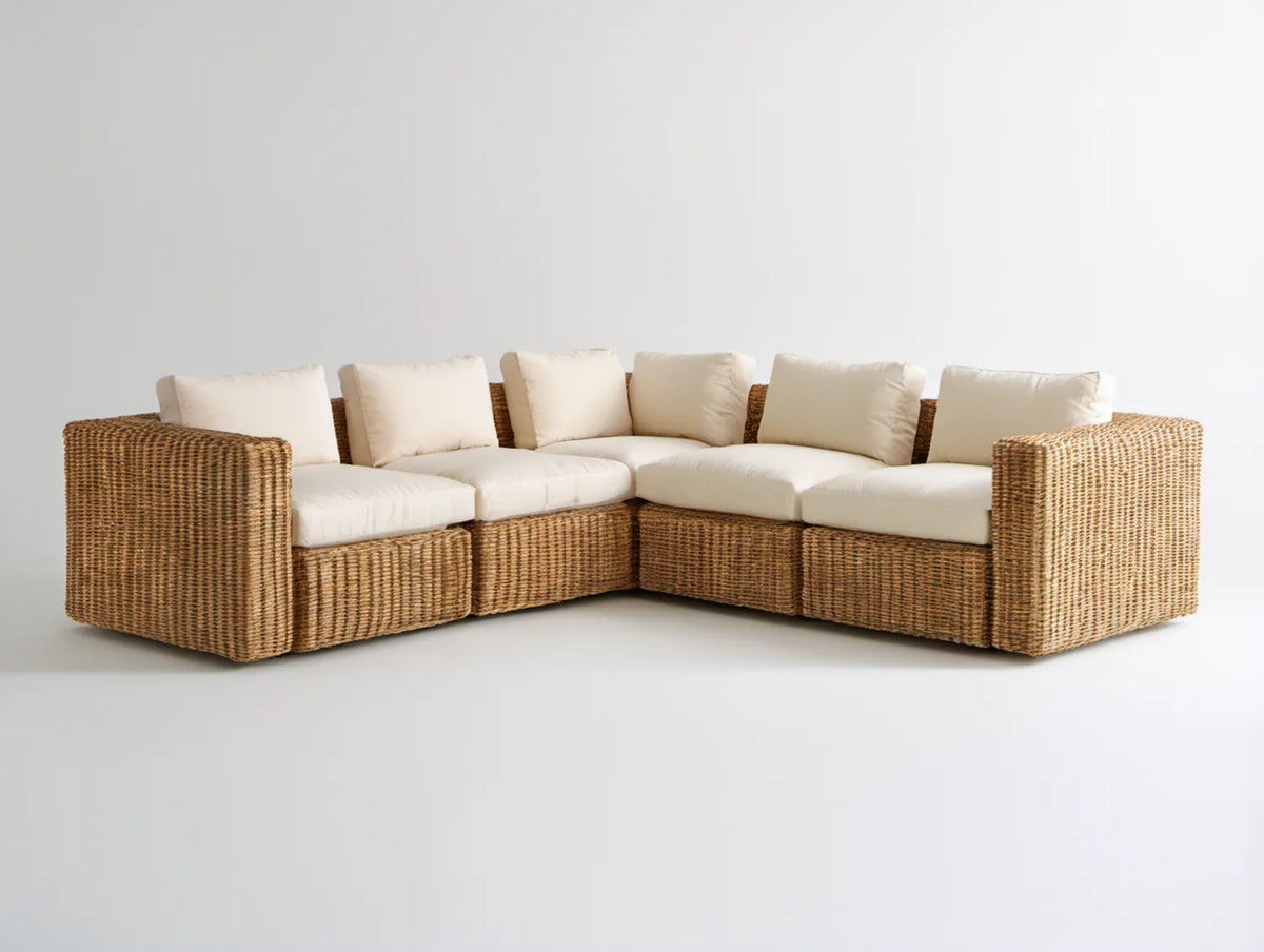5-osobowa narożna sofa ogrodowa z technorattanu PE, beżowo-brązowa, 280 × 220 × 85 cm, układ L