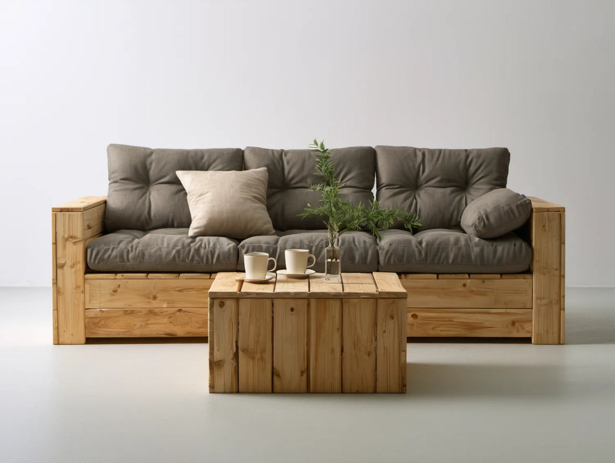 4-osobowy zestaw wypoczynkowy z litego drewna sosnowego ze stolikiem, naturalny brąz i szare poduszki, 240 x 75 x 78 cm