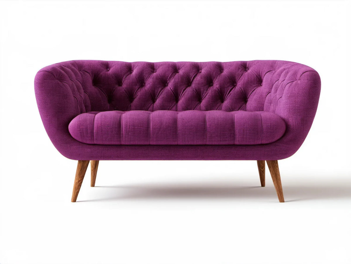 Fioletowa dwuosobowa sofa pikowana 140 x 78 x 82 cm z brązowymi drewnianymi nogami