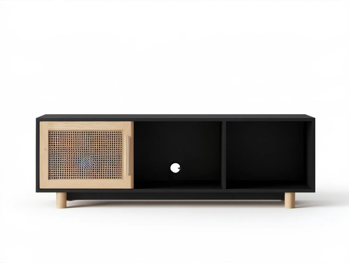 Szafka RTV 140 x 40 x 50 cm Czarna/Naturalna z frontem rattanowym