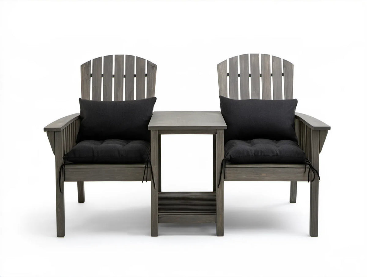 Zestaw Adirondack dla 2 osób z poduszkami i stolikiem, drewno akacjowe, szary/czarny, 170 x 83 x 95 cm
