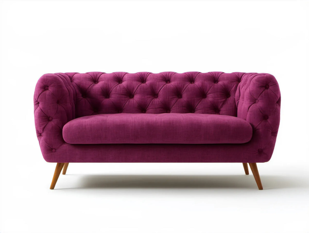 Dwuosobowa sofa pikowana bordowa z brązowymi nogami, 150 x 85 x 80 cm