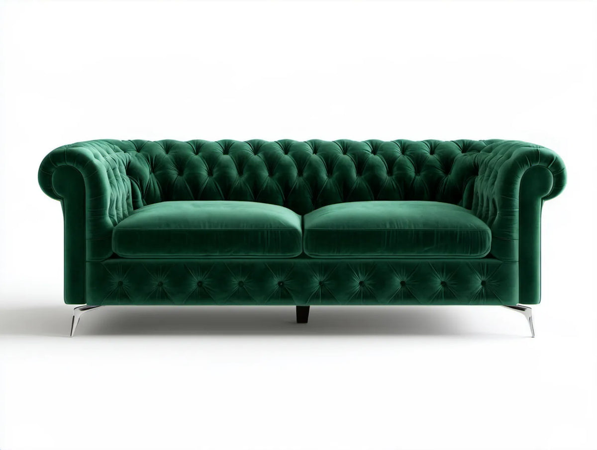 Dwuosobowa sofa Chesterfield z aksamitu poliestrowego, ciemnozielona, 170 × 90 × 75 cm