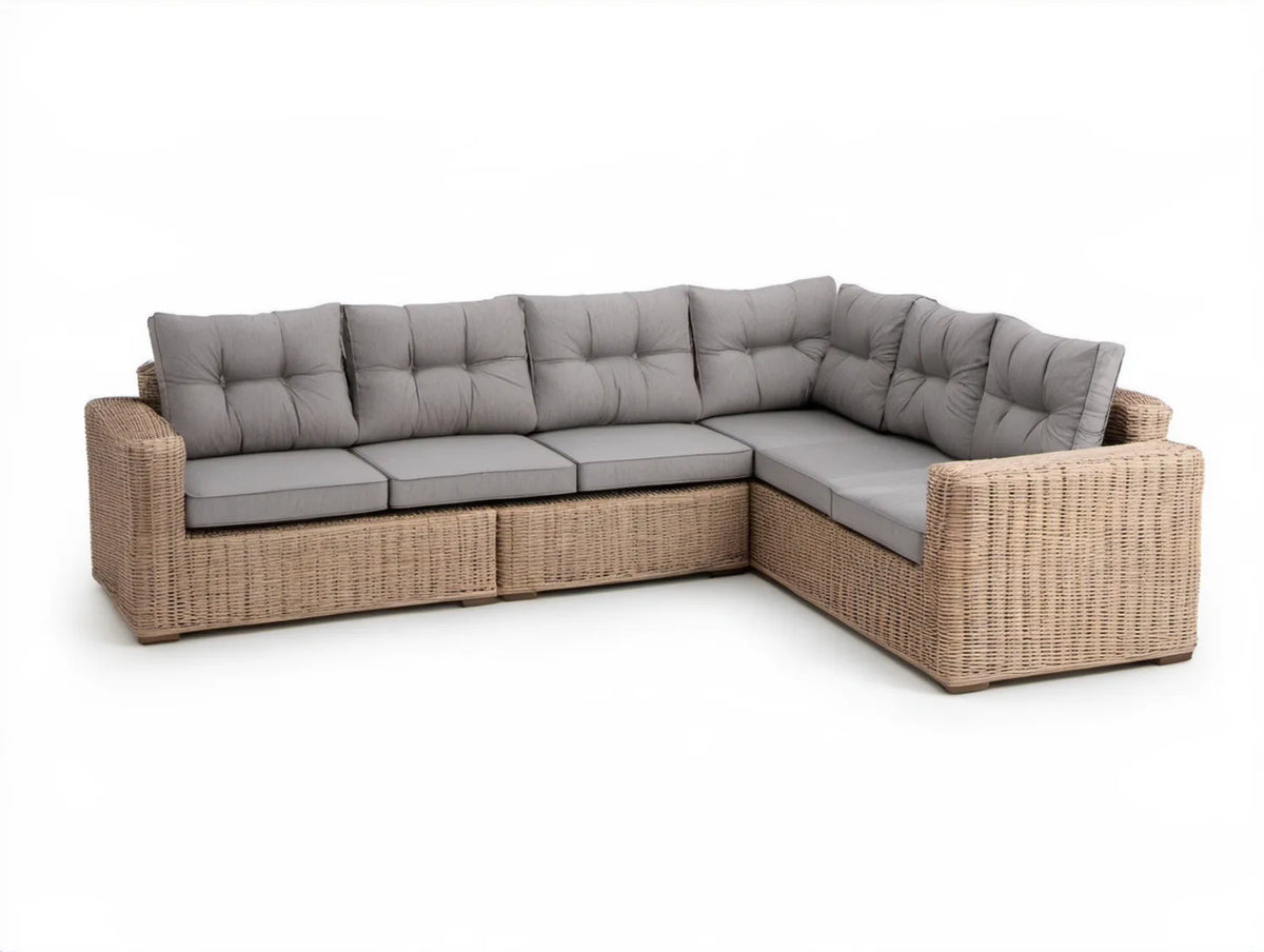 Narożna sofa ogrodowa w kształcie L z technorattanu PE z poduszkami, beżowo-naturalna z szarymi poduszkami, 280 × 220 × 85 cm