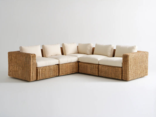5-osobowa narożna sofa ogrodowa z technorattanu PE, beżowo-brązowa, 280 × 220 × 85 cm, układ L