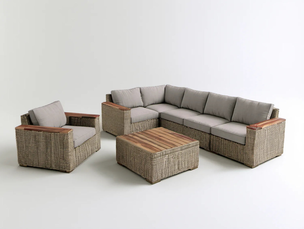 Narożny zestaw wypoczynkowy z technorattanu z fotelem i stolikiem 230 × 170 cm naturalny beżowo-szary