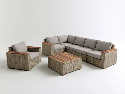 Narożny zestaw wypoczynkowy z technorattanu z fotelem i stolikiem 230 × 170 cm naturalny beżowo-szary