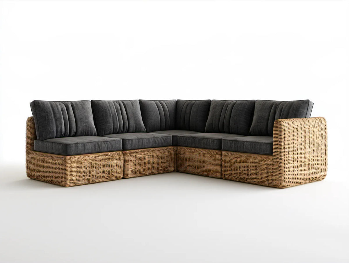 Narożna sofa ogrodowa z technorattanu brązowa z ciemnoszarymi poduszkami 280 x 220 x 85 cm