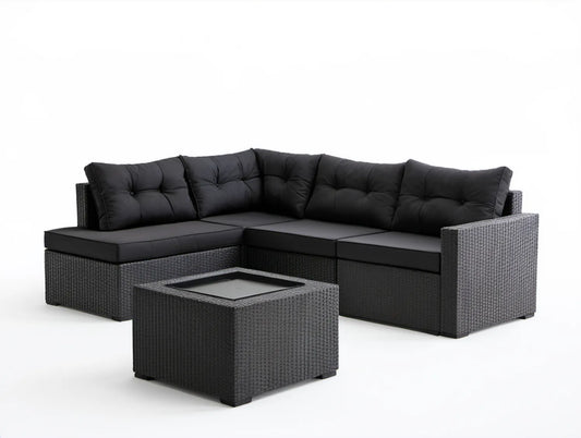 Czarny narożny zestaw wypoczynkowy z technorattanu 200 × 200 × 76 cm ze stolikiem 70 × 70 × 40 cm