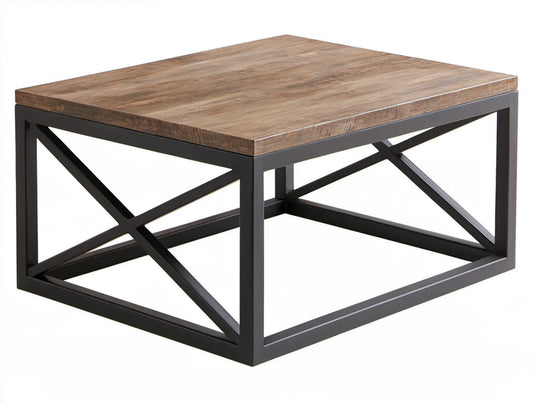Kwadratowy stolik kawowy brązowo-czarny z blatem MDF i stalową ramą 80 x 80 x 45 cm