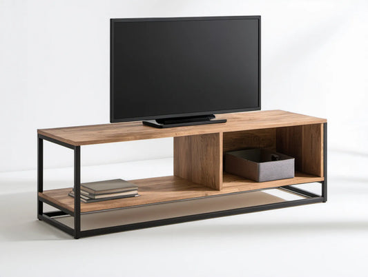 Szafka RTV loftowa brązowo-czarna z płyty laminowanej i stali, 140 × 40 × 50 cm