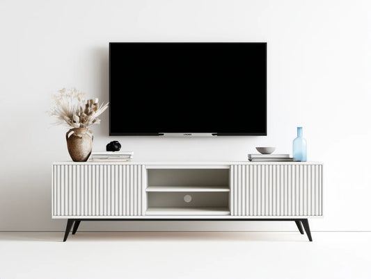 Biała szafka RTV z ryflowanymi frontami, 180 x 40 x 55 cm