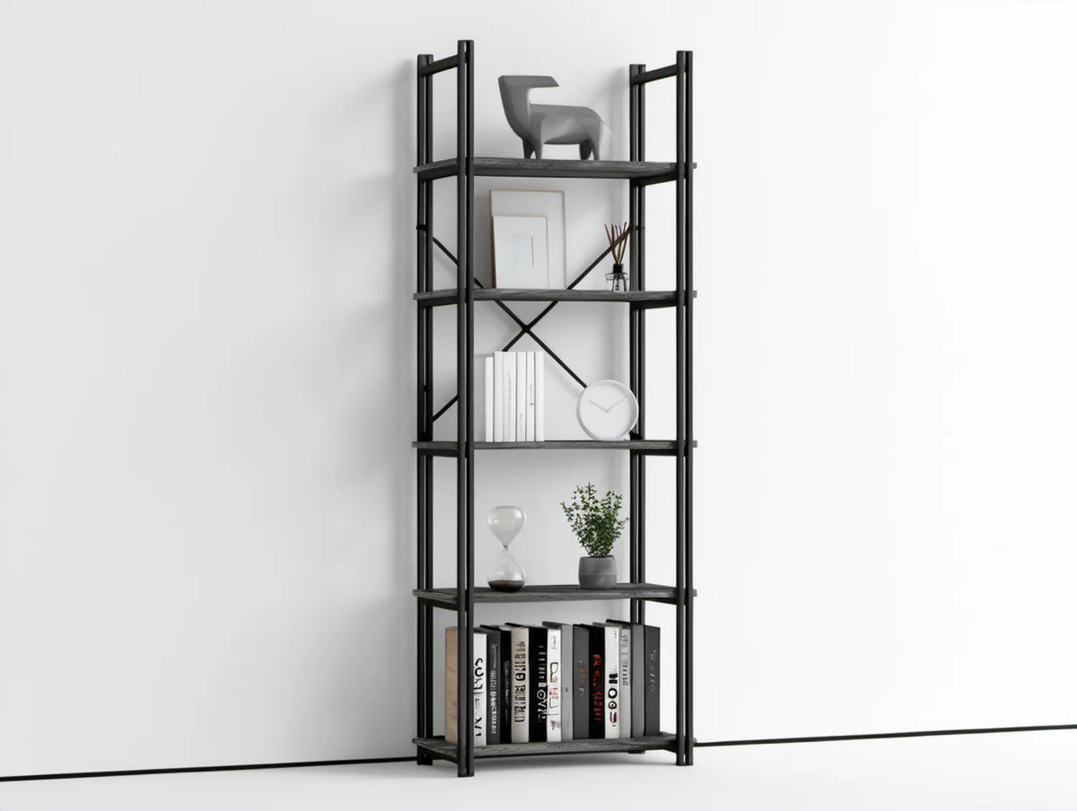 Czarny regał industrialny 5-poziomowy ze stali i płyty MDF 80 x 30 x 180 cm