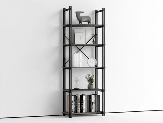 Czarny regał industrialny 5-poziomowy ze stali i płyty MDF 80 x 30 x 180 cm