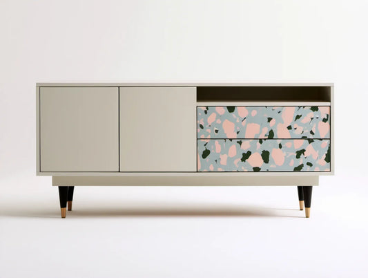 Beżowa szafka RTV z MDF 160 x 40 x 70 cm, wzór lastryko