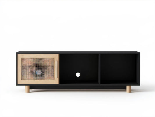 Szafka RTV 140 x 40 x 50 cm Czarna/Naturalna z frontem rattanowym