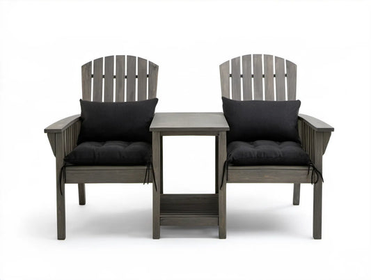 Zestaw Adirondack dla 2 osób z poduszkami i stolikiem, drewno akacjowe, szary/czarny, 170 x 83 x 95 cm