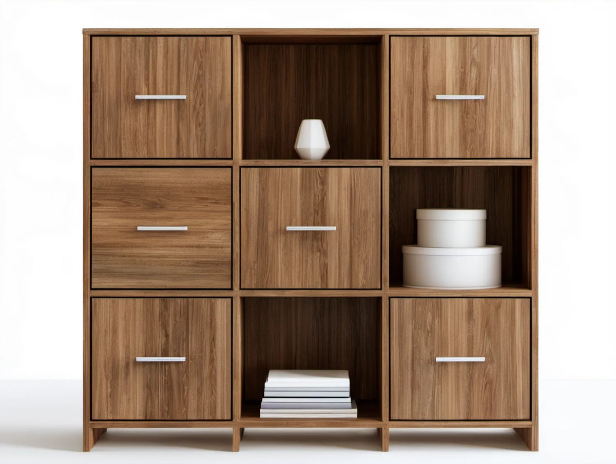 Biblioteczka orzechowa z 6 drzwiczkami i srebrnymi uchwytami, 120 x 35 x 180 cm