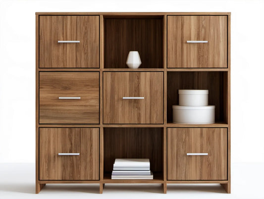 Biblioteczka orzechowa z 6 drzwiczkami i srebrnymi uchwytami, 120 x 35 x 180 cm