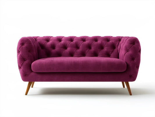 Dwuosobowa sofa pikowana bordowa z brązowymi nogami, 150 x 85 x 80 cm
