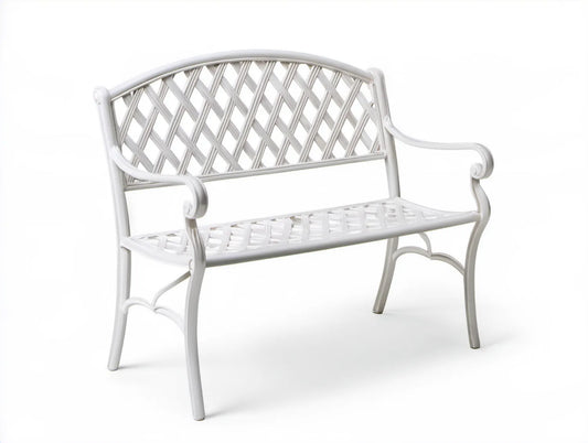 Biała dwuosobowa ławka ogrodowa z odlewanego aluminium 120 x 58 x 88 cm z kratowym oparciem