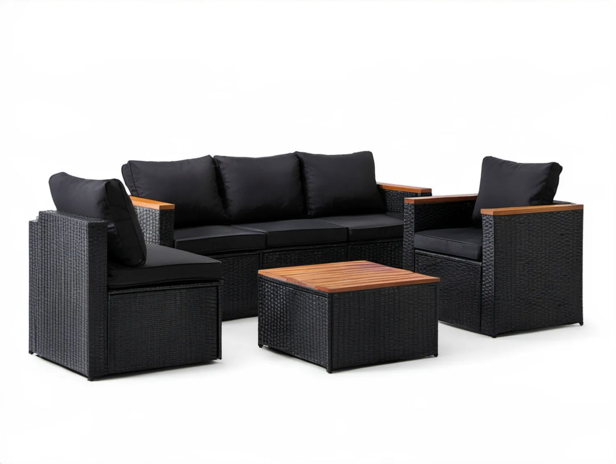 5-częściowy zestaw ogrodowy z technorattanu PE, czarny/brązowy, sofa 182 × 70 × 73 cm