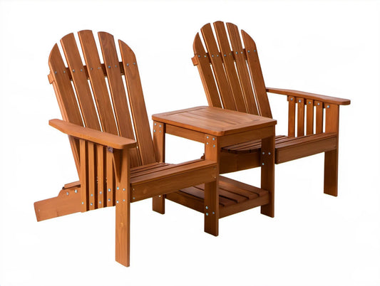Brązowy zestaw Adirondack z litego drewna jodłowego – 2 fotele 79 × 83 × 93 cm, stolik 53 × 42 × 50 cm