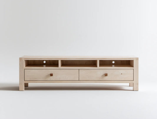 Szafka RTV z litego drewna brzozowego, 2 szuflady, 3 wnęki, 180 × 45 × 60 cm, jasny naturalny brzozowy